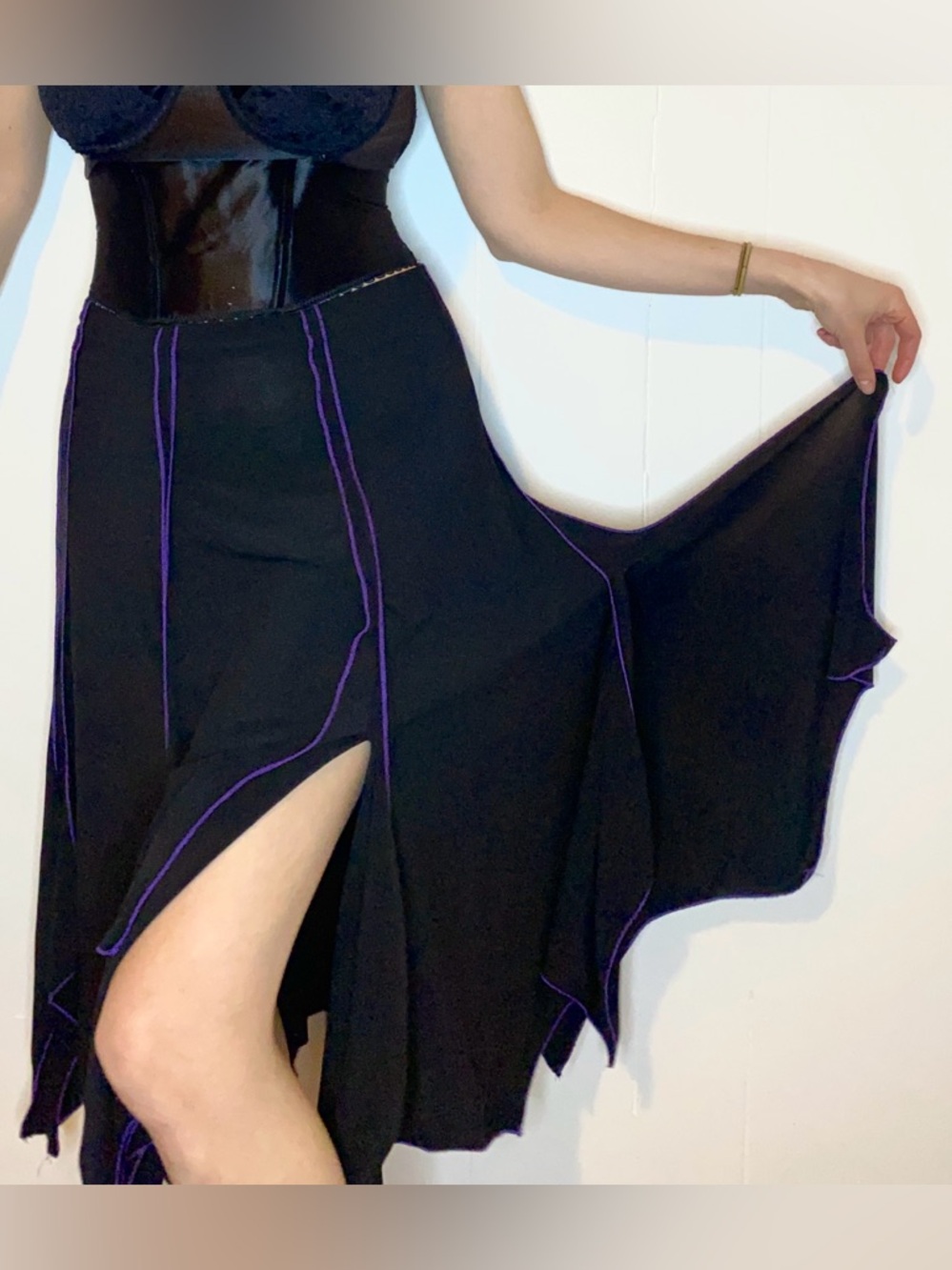Black Skirt with Purple Trim – Women's Flowing Panel Skirt